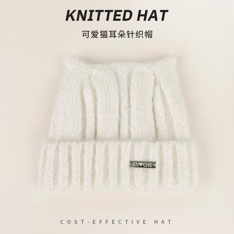Cute Cat Ears Beanie Hat for Women Solid Color Warm Knit Cap Outdoor Ear Protection Pullover Cap Crochet Bonnet