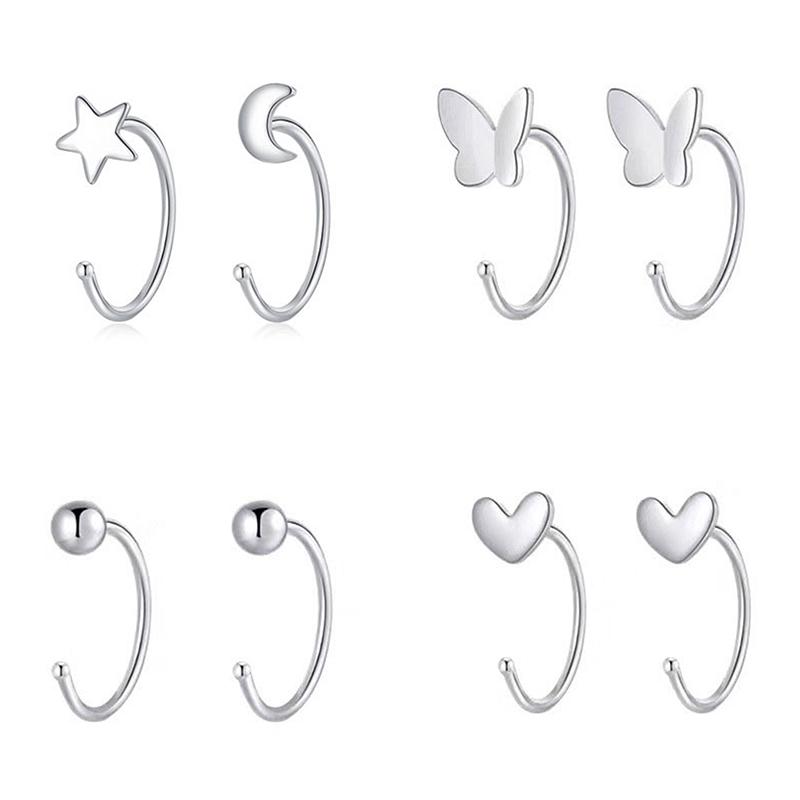 1Pair Butterfly Heart Star Round Shape Ear Clip Silver Color Hoop Earrings For Women Girls Opening Hoops Earring Jewelry