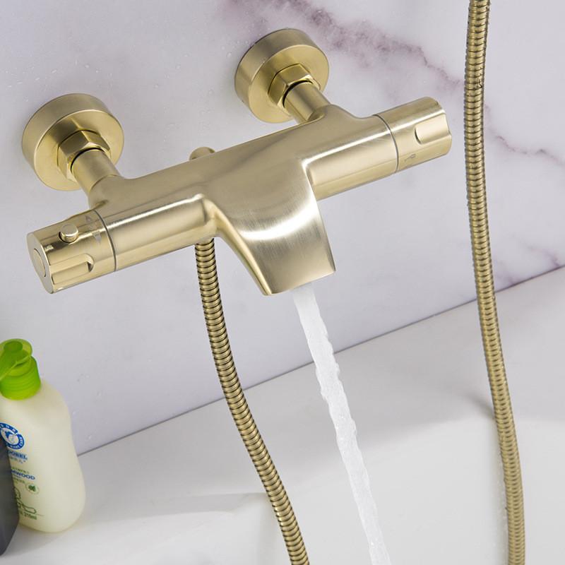 Brushed Gold Thermostatic Bathtub Shower Set Wall Mounted Brass Bathtub Faucet, Bathroom Bath and Shower Mixer Taps Brass