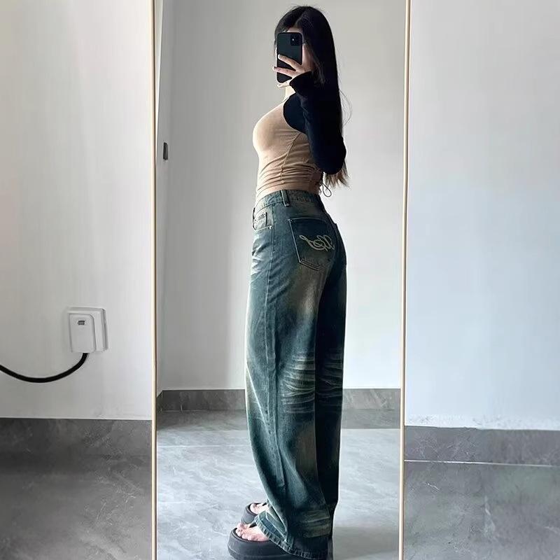 

Plus Size Retro Distressed High-Waist Wide Leg Jeans - Slimming Straight Leg Autumn Pants for Women S синій