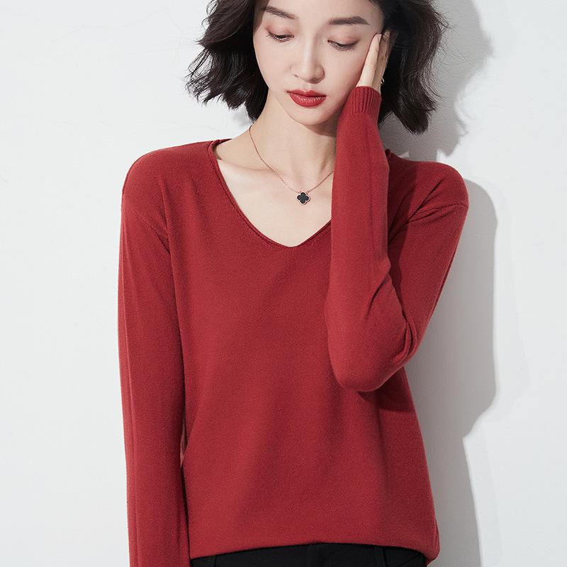 Autumn/Winter Women's Wool Sweater: Round & V-Neck, Rolled Edge, Long Sleeve, Thin Knit Top