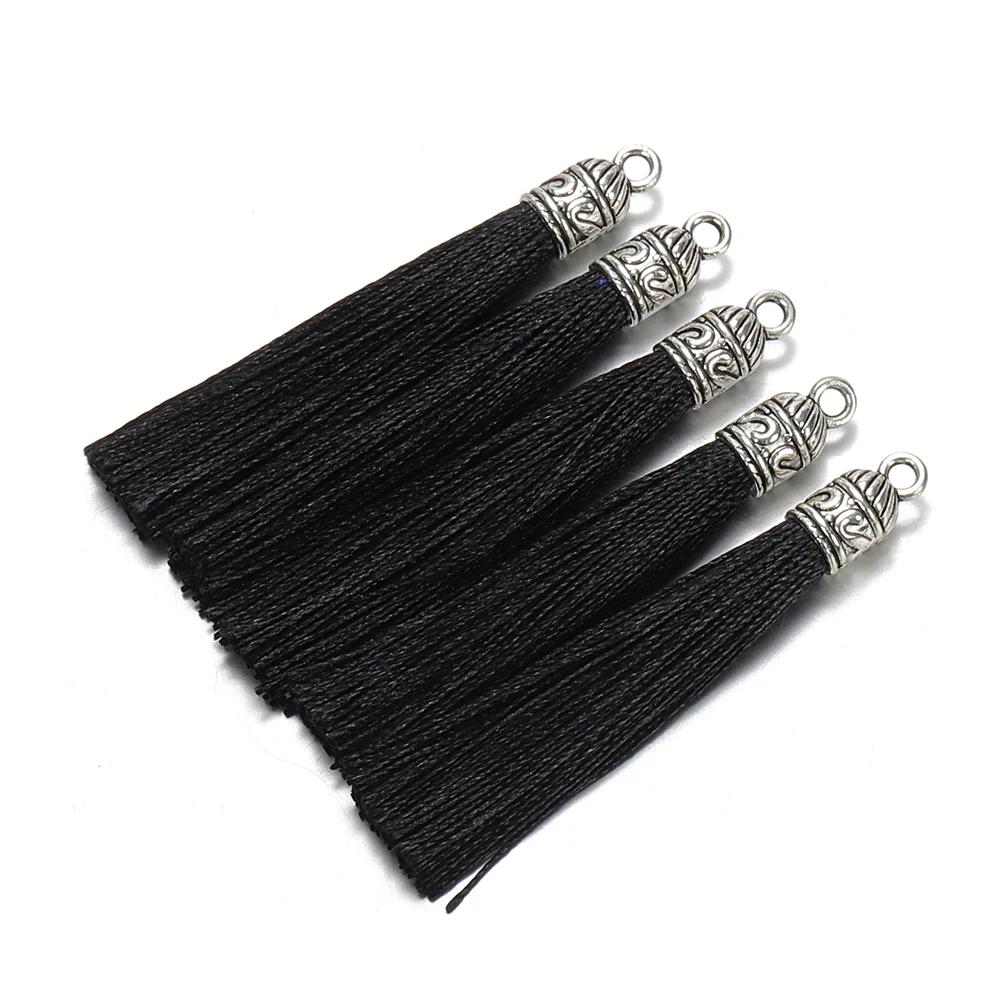 10Pcs 6cm Silk Tassel Charms Brush Tassels With Antique Silver Caps For DIY Jewelry Making Handmade Earrings Pendant 2035