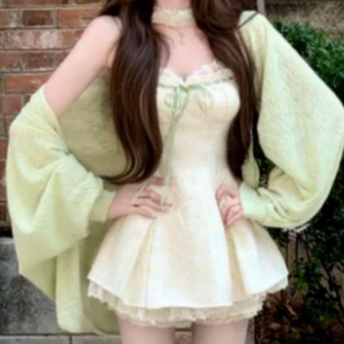 Pure desire sweet short skirt spring and summer waist thin design sense lace splicing suspender dress + cardigan suit women