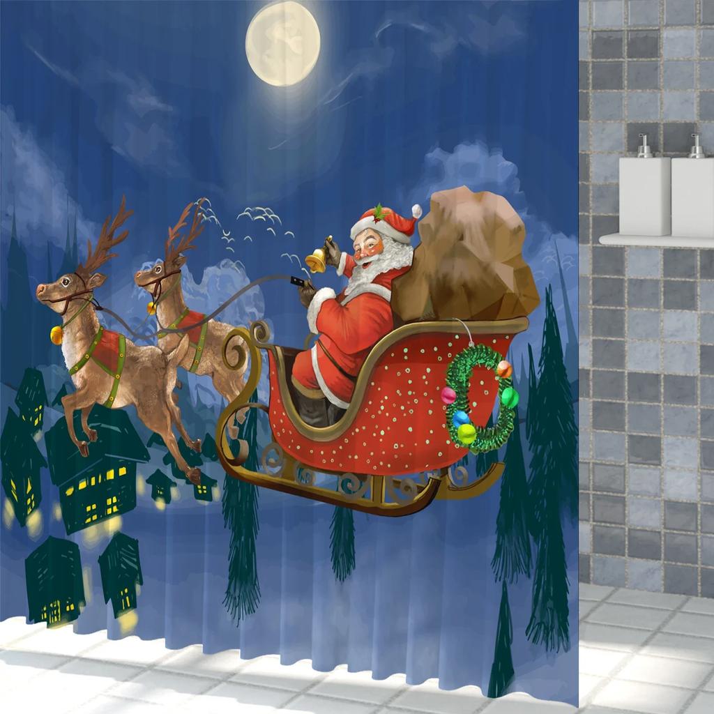 Full Night Moon Christmas Scene Shower Curtain Santa Claus Elk Deer Bathroom Partition Waterproof Hanging Curtain With Hooks