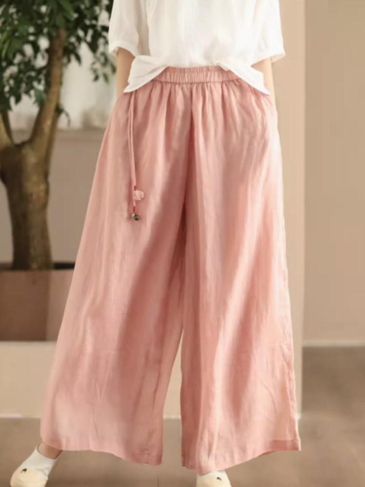 Johnature Damen Vintage Hose mit weitem Bein, einfarbig, Sommerhose mit elastischer Taille, lockere Freizeithose