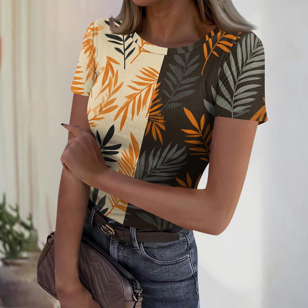 Women's Casual Fashion Round Neck Hawaiian Print Short Sleeve Ribbed Top