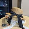 New French-style polka dot bow straw hat for women, summer seaside beach vacation style sun protection hat