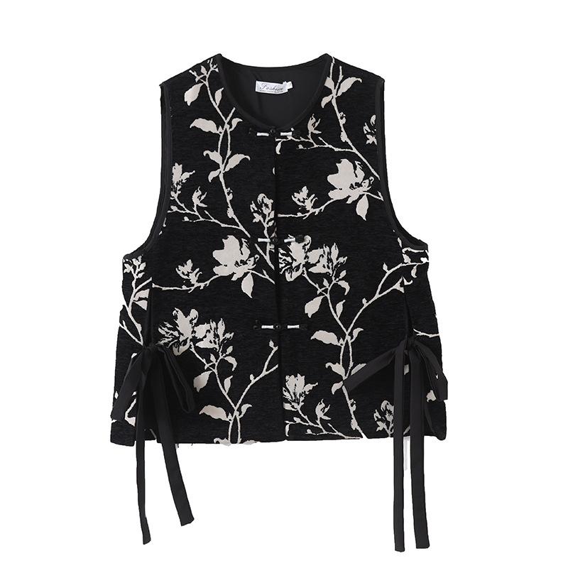 Jacquard disc buckle round neck vest women's retro embroidery outer literary vest year-round daily wear
