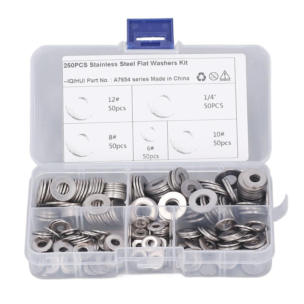 250PCS Flat Washer Kit Stainless Steel 5 Specifications Anti Corrosion Washers Assortment Set for Furniture