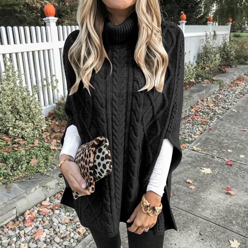 Women's Lazy Loose Long-sleeved High-neck Color Knitted Shawl Sweater