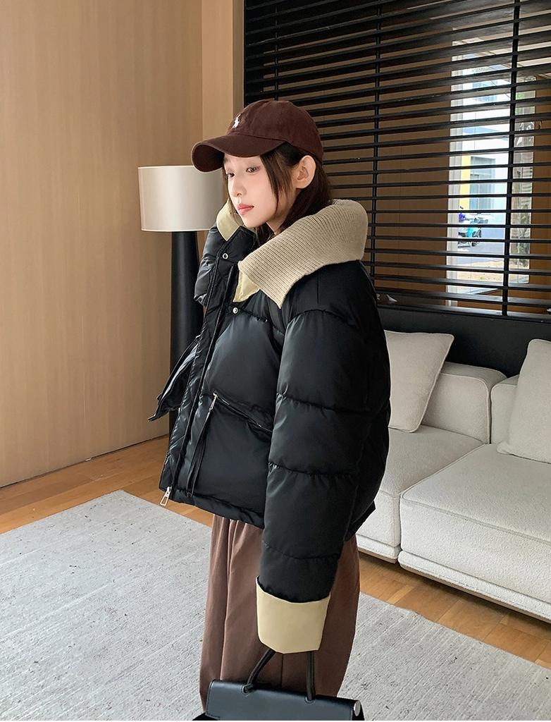 Knitted Lapel Short Down Jacket Women's Winter Thickened PU Leather Stitching Jacket