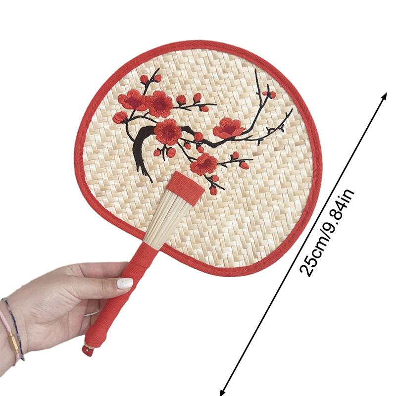 Retro Palm Fan For Summer Home Hand-Woven Straw Fans Bossom Plum Flower Embroidery Summer Cooling Hand Fan