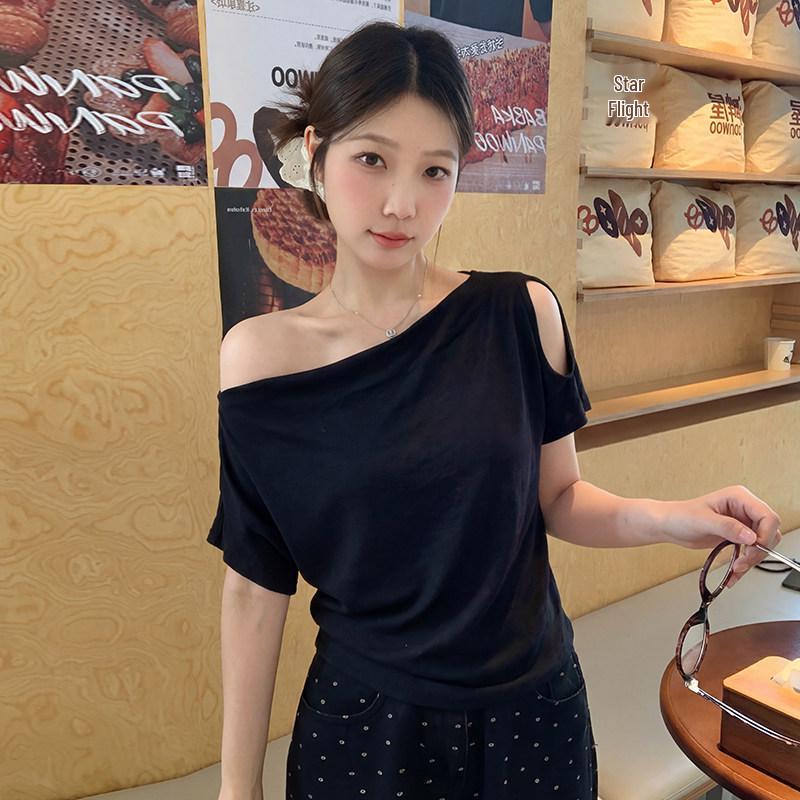 Plus Size Off-the-Shoulder Slimming T-Shirt for Women - Summer 2026 Collection L чёрный
