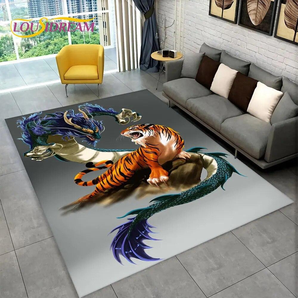 Kreslený Vzor Draka Velký Oblastní Koberec, Koberec pro Obývací Pokoj Ložnici Pohovku Rohožka Kuchyňská Dekorace, Dětská Hrací Protiskluzová Podlahová Podložka