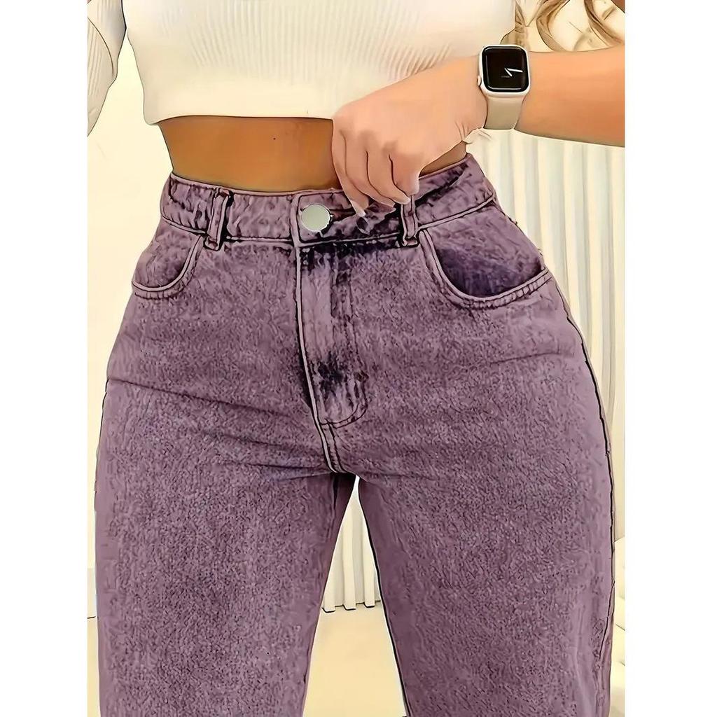 Plus Size Women's Purple Elastic Straight Jeans - Casual Washed Denim