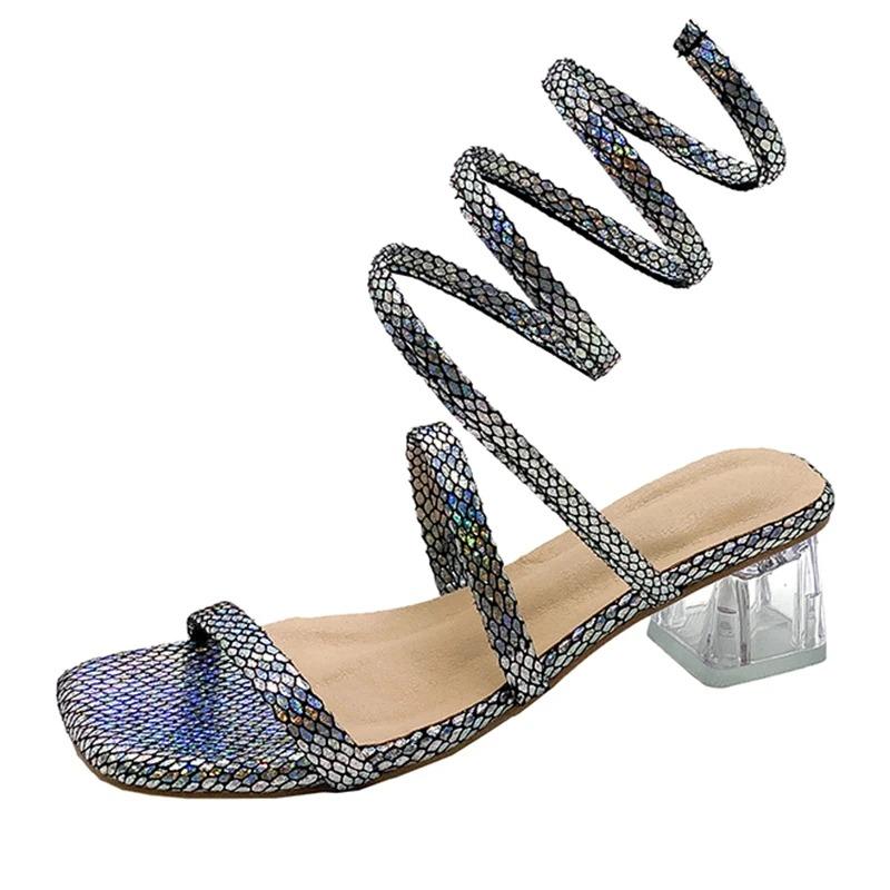 Fashion Snake Print Med Heels Sandals Women 2024 Summer Silver Crystal Ankle Strap Gladiator Shoes Woman Square Toe Clear Heel Sandalias
