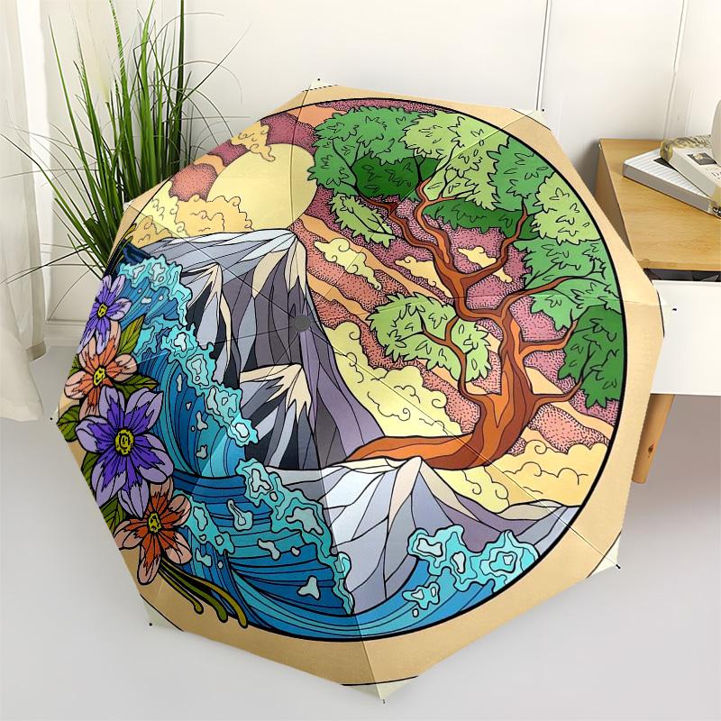 

1pc Nature Harmony Illustration Umbrella with Plastic Handle,Vibrant Cartoon Pattern,Multi-functional UmbrellaPT199