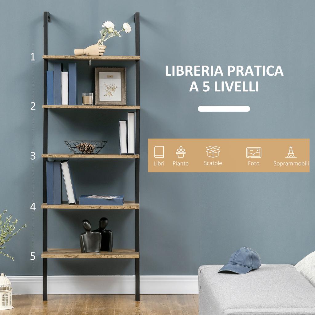 Ladder Bookcase with 5 Shelves in Industrial Style in Wood and Metal, 60x30x184.5cm, Brown
