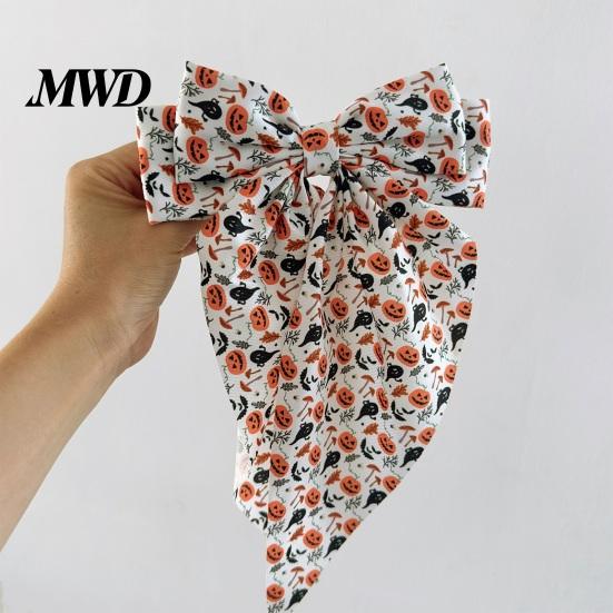 Halloween Party Hair Accessory Silky Satin Bows, Big Ribbon Bow Clips, Oversized Long Tail Barrettes, Ghost Pattern Hairpin Cute Pumpkin Witch