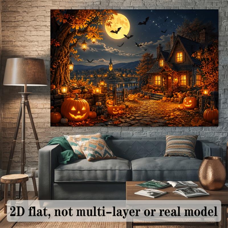 2D plane Halloween-themed banner background, a scene of rural pumpkin lanterns under the moonlight,zyc