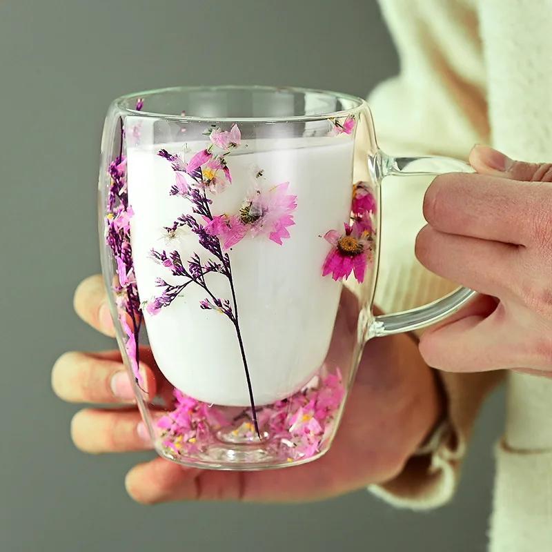 Double Layered Dried Flower Glass Cup Creative Pattern Mugs High Borosilicate Insulated Cup Kitchen Drinkware Home Accessories