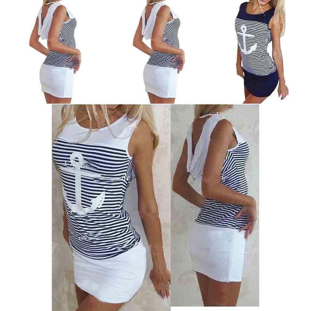 Vest Anchor Stripe Dress Sleeveless Tops Oneck Hooded Sexy Bodycon Mini Dresses