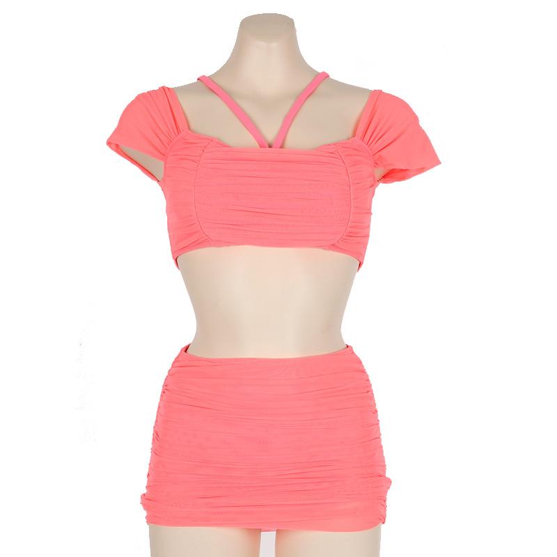 Source 1011 new Korean version mesh pleated sexy tube top skirt one-word shoulder high waist split swimsuit women