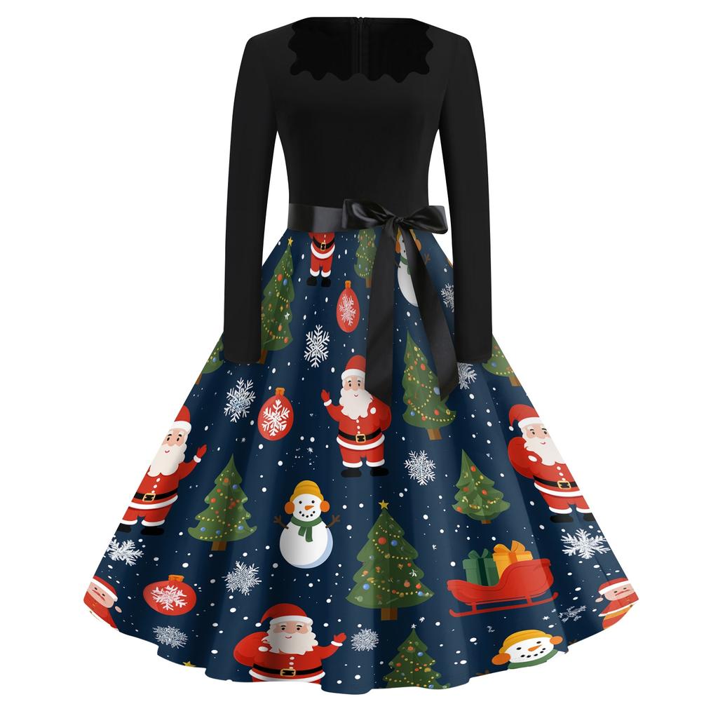 Women's Casual Christmas Print Square Neck Vintage Dress for Holiday Party and Everyday Wear