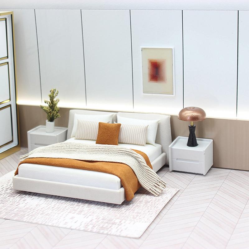 Dollhouse New Cream Style Double Bed Model Micro Scene Model Miniature Furniture Dolls Accessory Simulated Furniture Ornament
