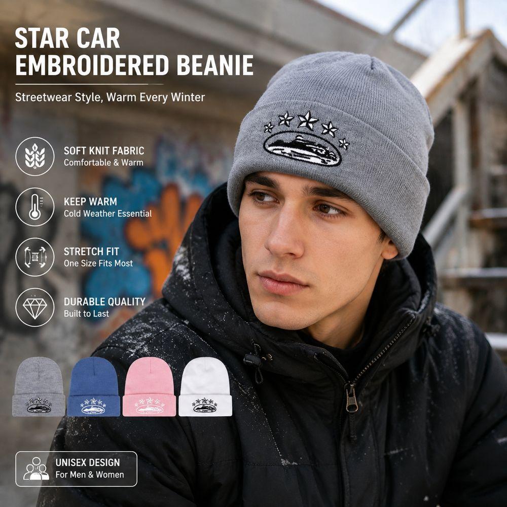 Star Embroidery Cuffed Beanie Hat Stretch Fit Knit Cap Fashion Winter Beanie Men Women
