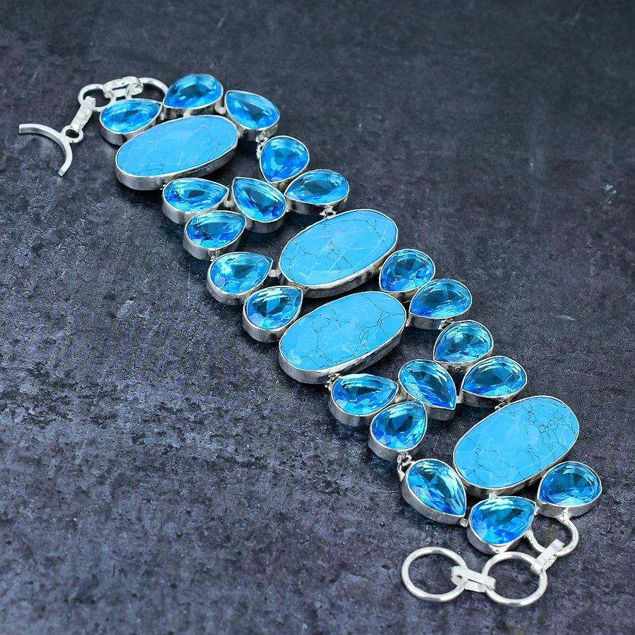Arizona Turquoise, Topaz Handmade 925 Sterling Silver Bracelet 7-8" A8Y29