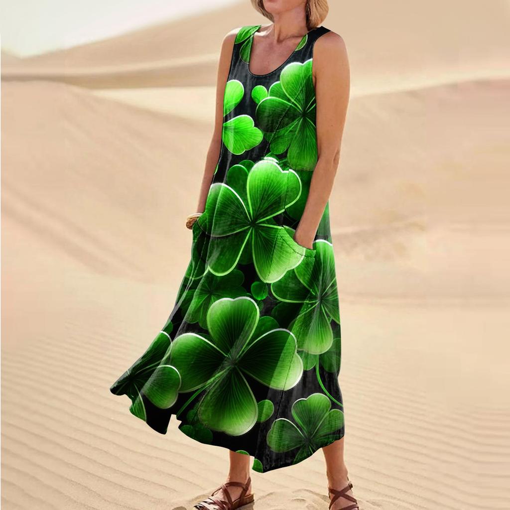 Dámské ležérní pohodlí St. Patrick's Day potištěné šaty bez rukávů do kapsy
