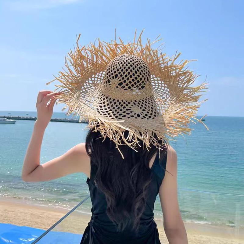 Summer Ins Travel Vacation Wind Hollow Raffia Straw Hat Women's Big Brim Shading Sun Protection Burr Edge Temperament Beach