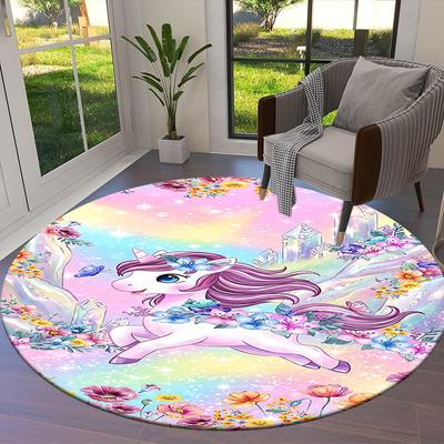 1PC Unicorn Flowers Non-Slip Floor Round Carpet, Office, Family, Bedroom, Large Area Rug Indoor Rugs,  Durable Polyester-L0395