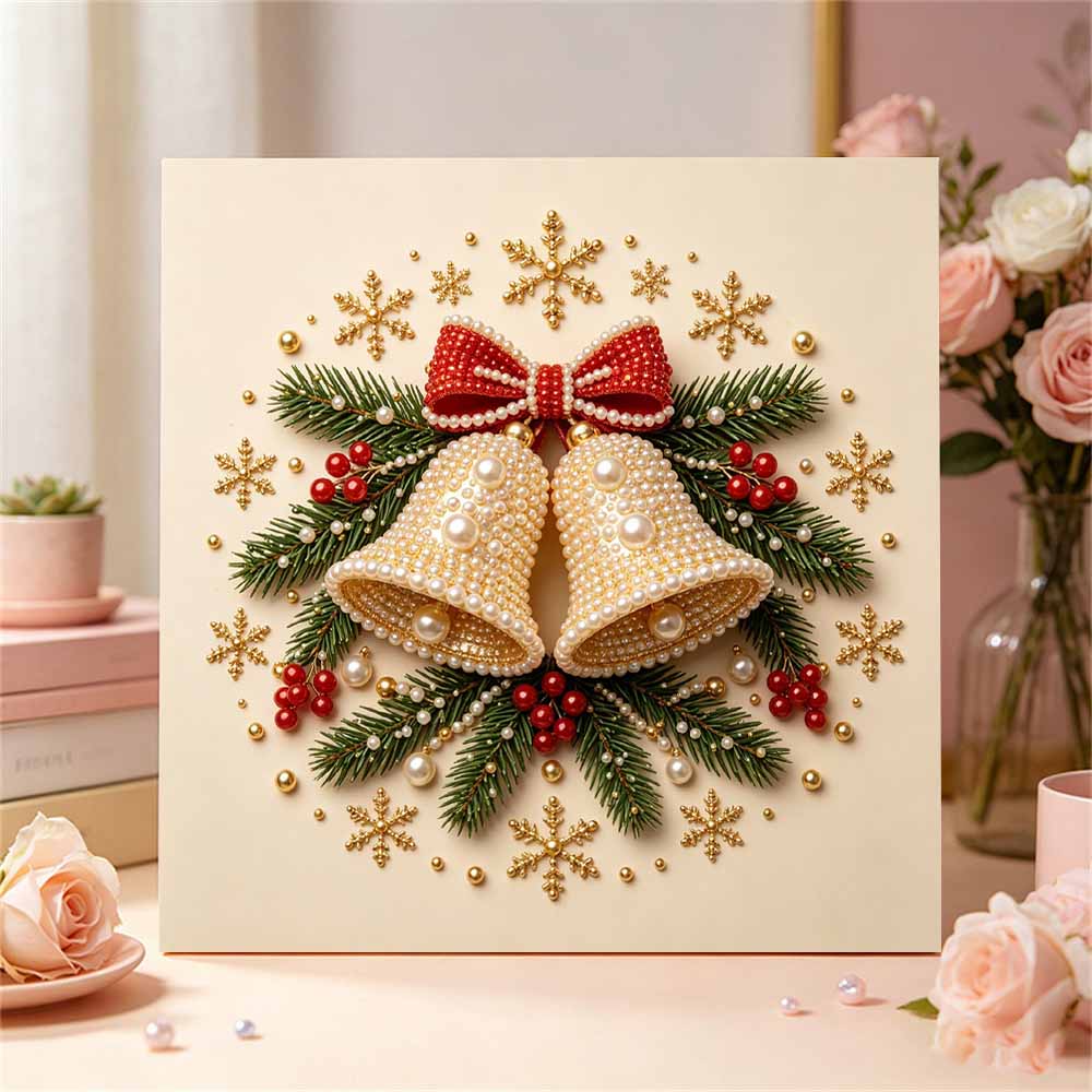 Framed Pearl Bead Art Set with Christmas Bells Design DIY Sparkling Canvas Painting Relaxing Hobby Gift for Holiday Room Decoration