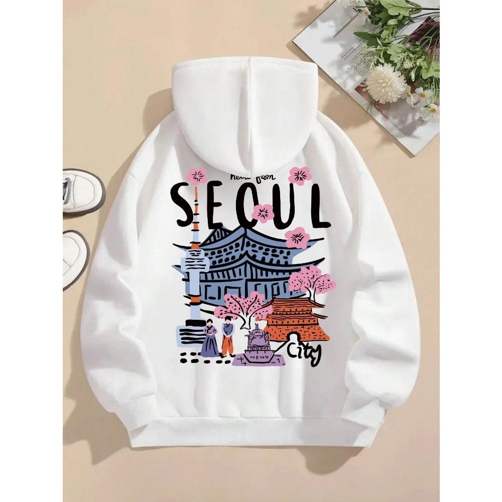 Seoul Beautiful Scenery Printing Womens Hooded Warm Fleece Comfortable Hoodies Simple Soft Hoodie Street Casual Loose