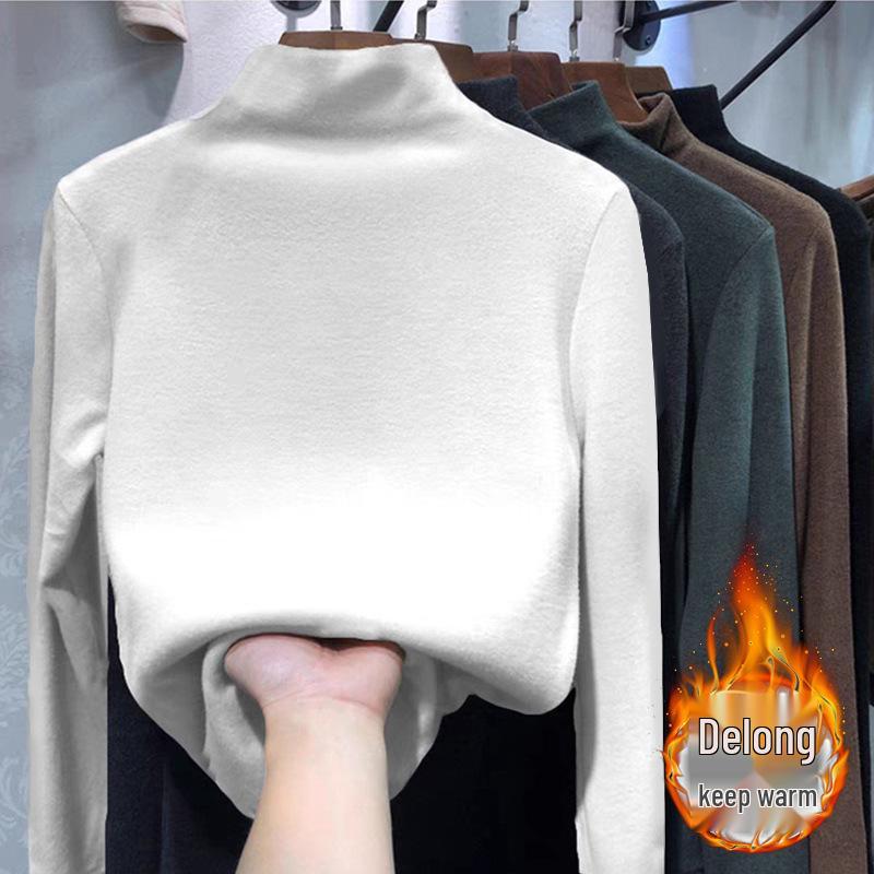 Women's Slim Fit High Neck Plush Long Sleeve T-Shirt - Autumn/Winter Versatile Base Layer