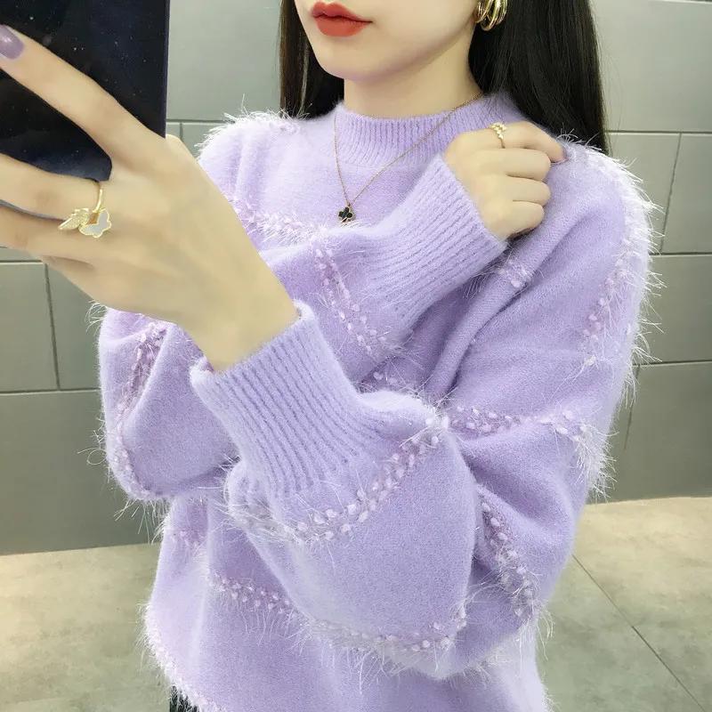 

Women s Fall/Winter Crew Neck Pullover Knit Base Layer Sweater Loose, Relaxed-Fit with Bell Sleeves Inner Layer Sweater XXS фиолетовый