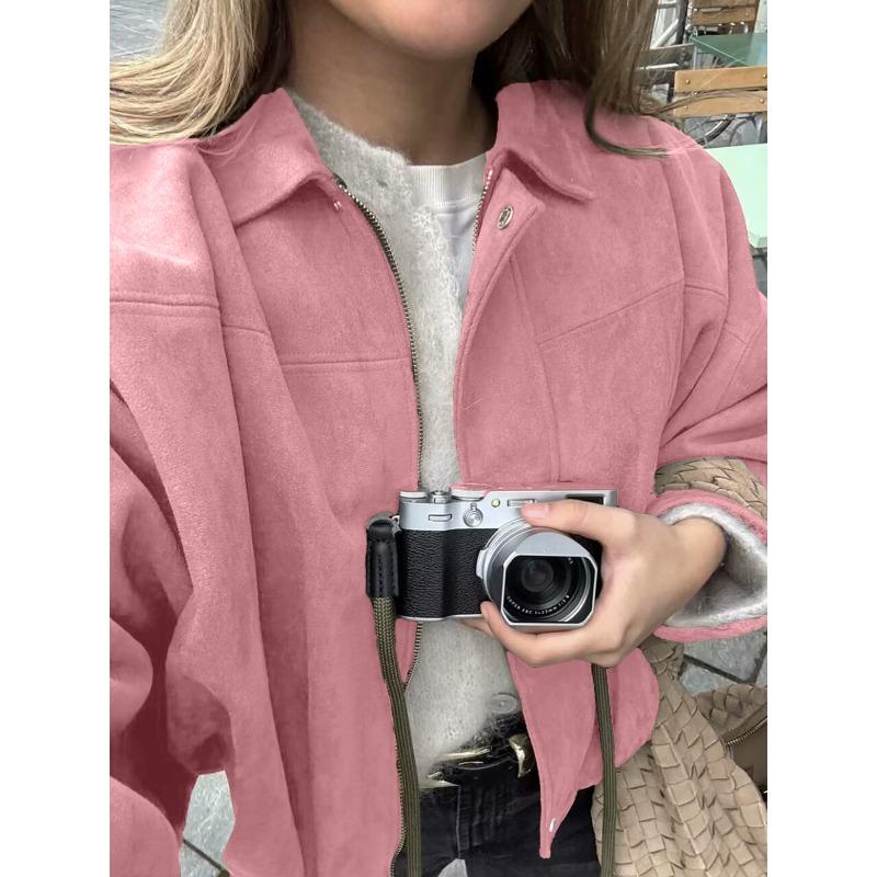 Women's Oversized Batwing Sleeve Lapel Collar Zip Up Suede Cropped Bomber Jacket Casual Outerwear Coat