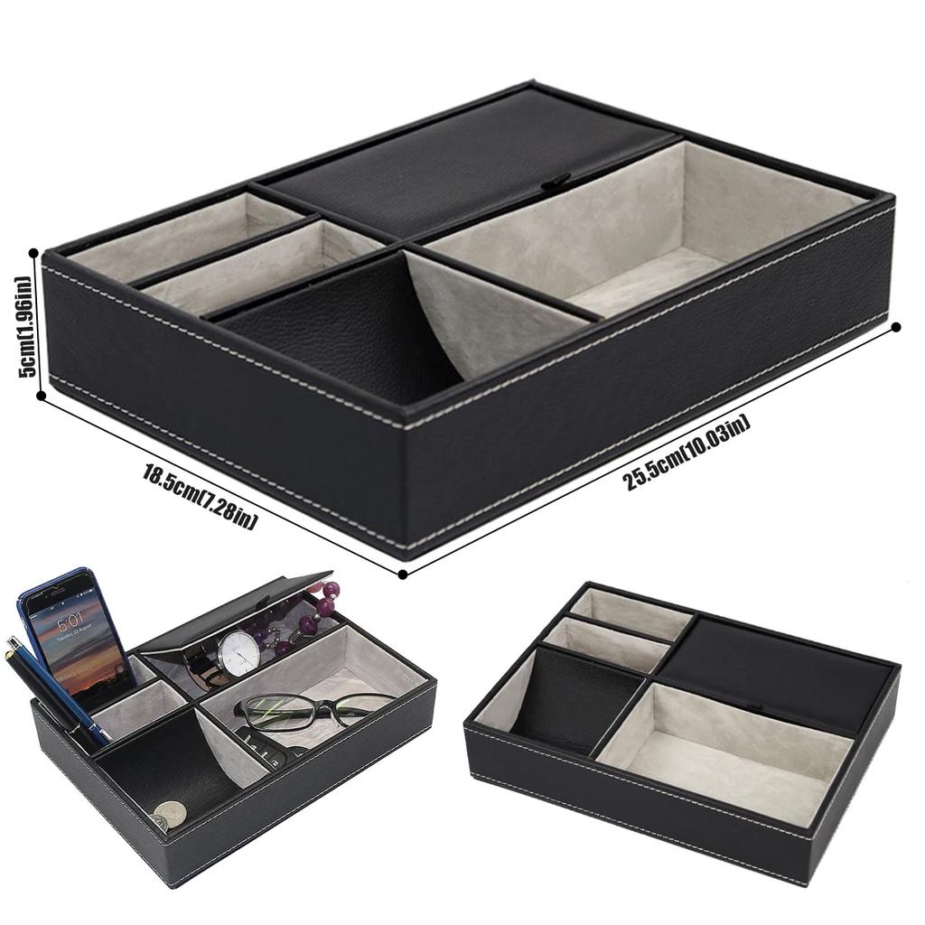 PU Desktop Organizer with 5/6 Compartments Men's Valet Tray Nightstand Jewelry Storage Box for Phone Keys Wallet Watch Glasses