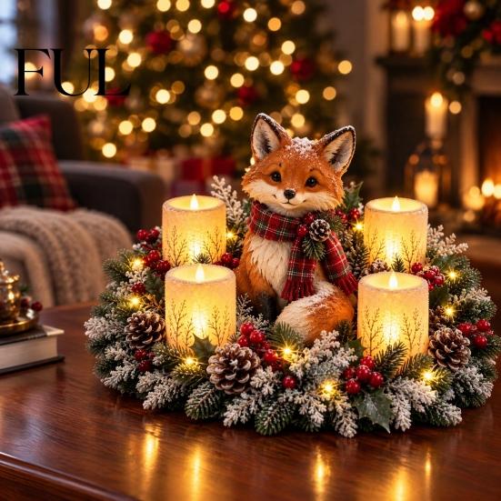 Christmas Party Supplies Lighted Highland Cow Table Centerpiece, Resin Flickering LED Flameless Candles, Frosted Pinecone Displays Pine Red