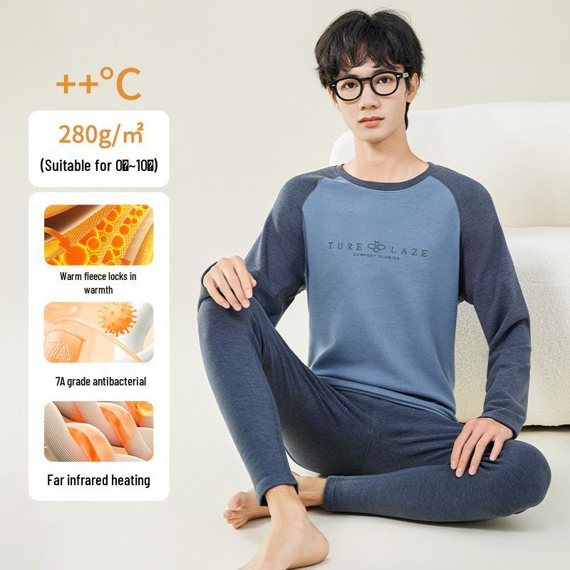 Teen Boys' Warm Cotton Wool Underwear Set - Autumn/Winter Base Layer Top & Trousers