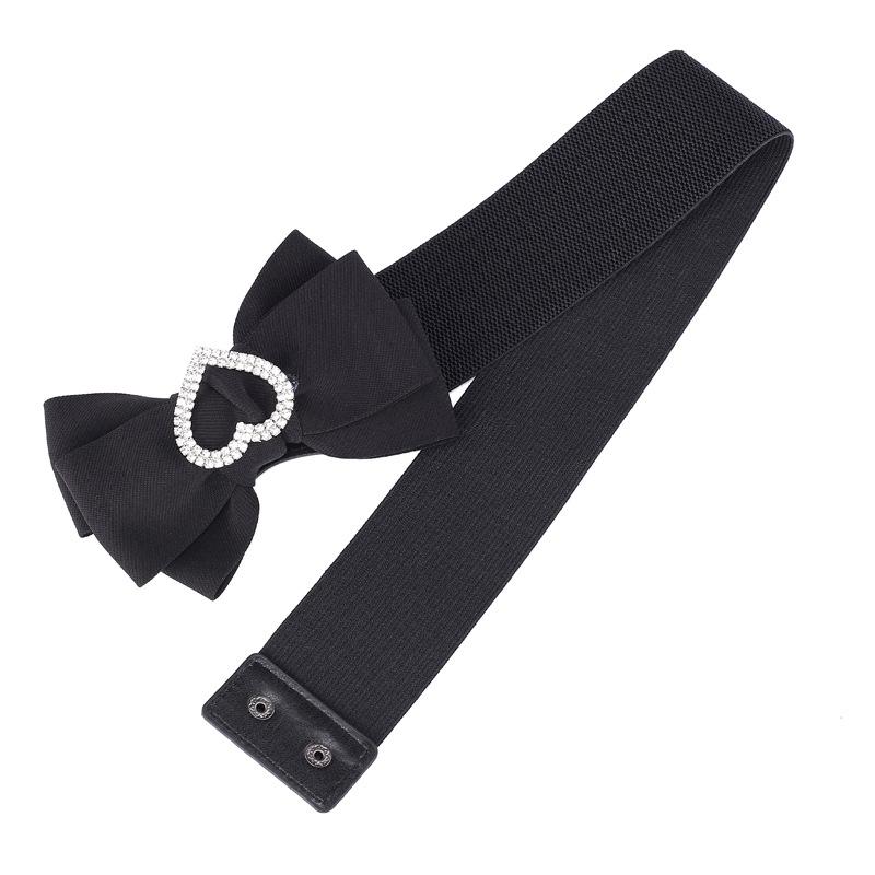 Love-Shaped Rhinestone Inlaid Bow Wide Belt With Skirt Sweet Black Wide Elastic Elastic Waist Seal Female