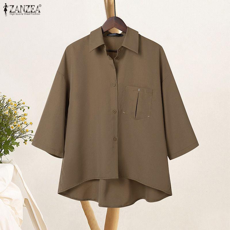 ZANZEA Dame Casual Nedslått Krage Løs 3/4 Ermet Bluse