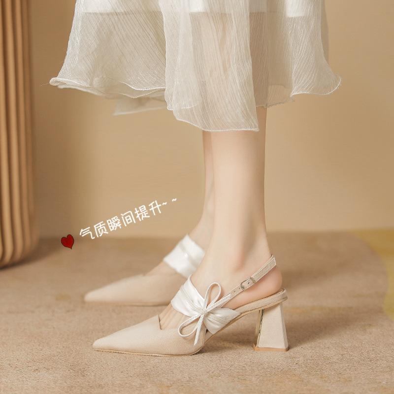 Baotou Sandals Women's New Summer Thick Heel Shallow Mouth Pointed Bow High Heels Women's Thick Heel Sandals