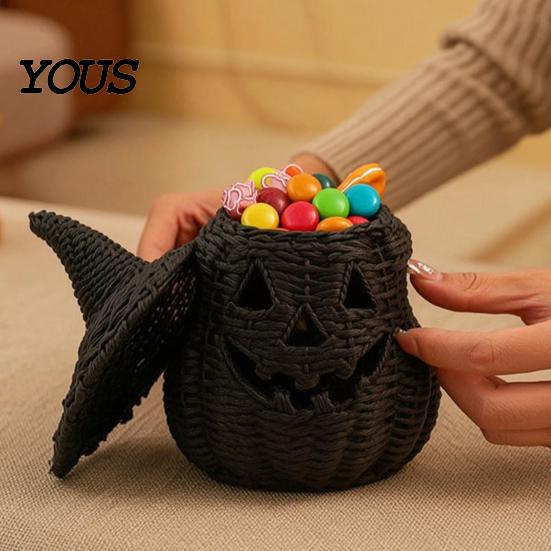 Halloween Mantel Decor Pumpkin Lantern Tabletop Decor, Woven Witch Hat Candy Bowl & LED Spooky Holiday Decorations Prop, Gothic Fall Centerpiece