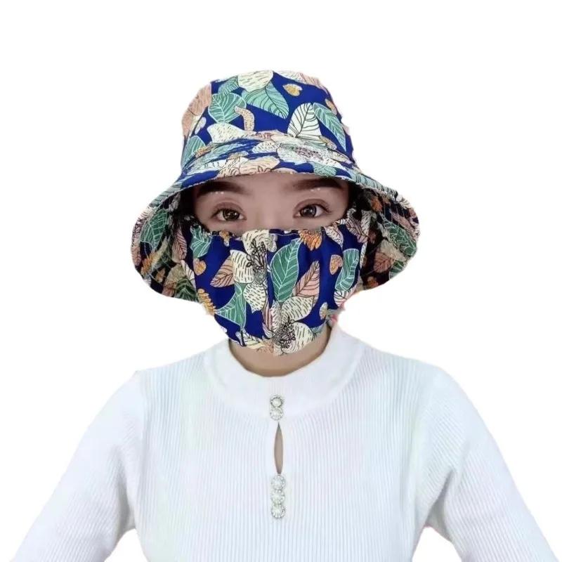 1-2PCS Women‘s Sun Hat with Face Mask Floral Leaf Pattern Wide Brim UV Protection for Outdoor Hiking Gardening Beach