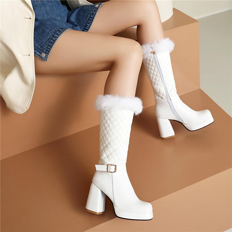 Women's High Heel Boots Autumn and Winter New Waterproof Platform Thick Heel Large Size Plush Mid-calf Boots
