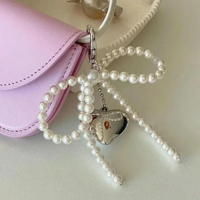 Weißer Schleife Herz Schlüsselanhänger Damen Koreanisch Süßer Anhänger Perle Schleife Rucksack Schlüsselring Handgefertigter Schmuck Ornament Taschenanhänger Geschenke