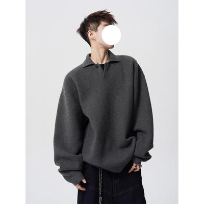Premium POLO Neck Sweater Men's Spring and Autumn Trendy Brand Lazy Bf Solid Color Knitted Sweater American Versatile Couple Top